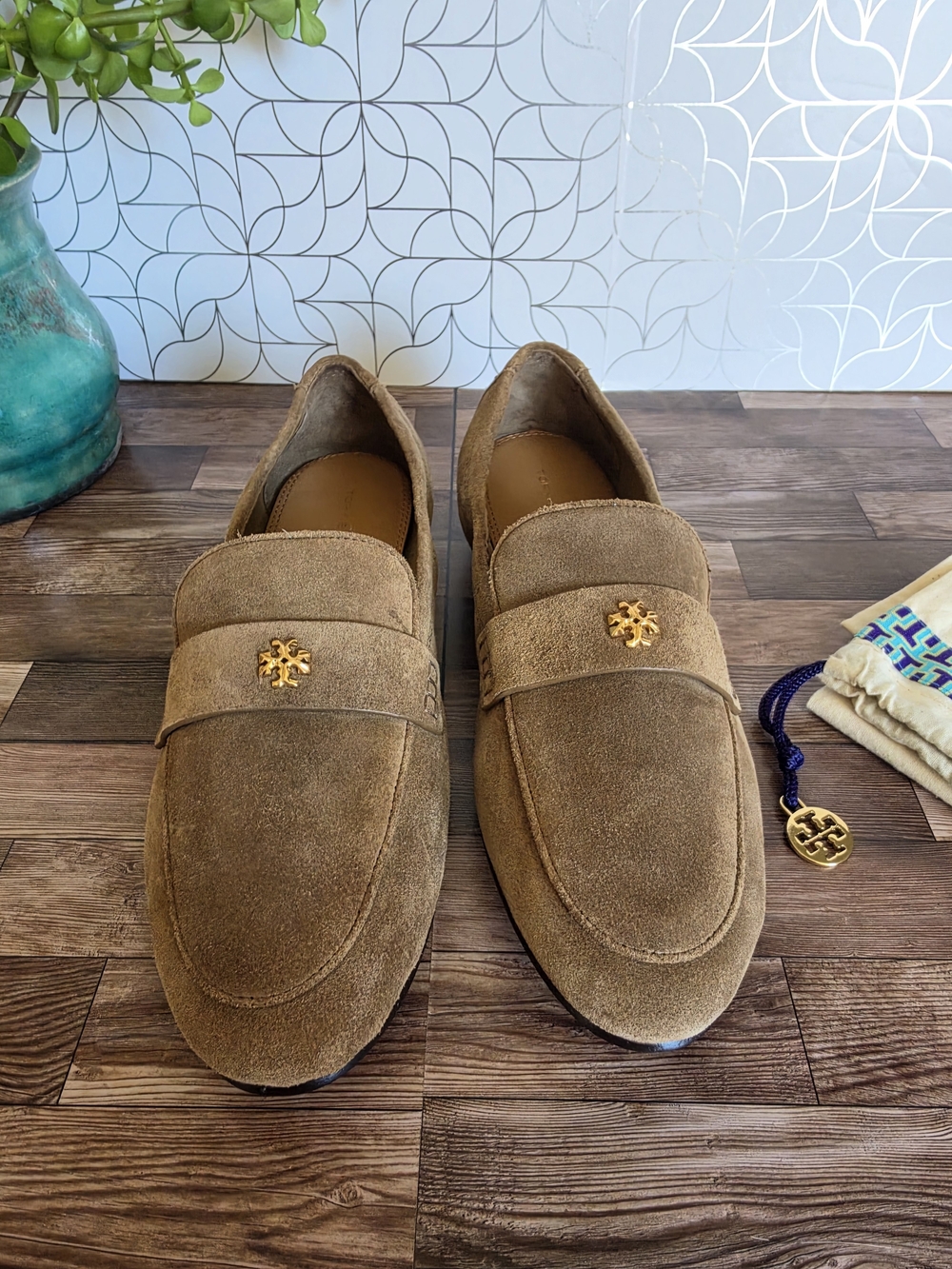 Tory Burch Brown Suede Penny Loafers with Gold Logo